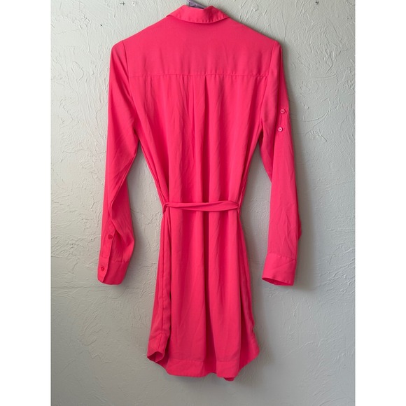 Express Pink Long Sleeve Button Down Shirt Dress with Waist Tie Pink S - Picture 2 of 6